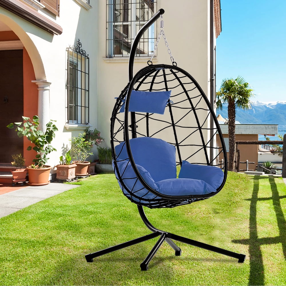 Flash Furniture Cleo Patio Hanging Egg Chair, Wicker Hammock with Soft Seat Cushions & Swing Stand, Indoor/Outdoor Gray Frame-Gray Cushions