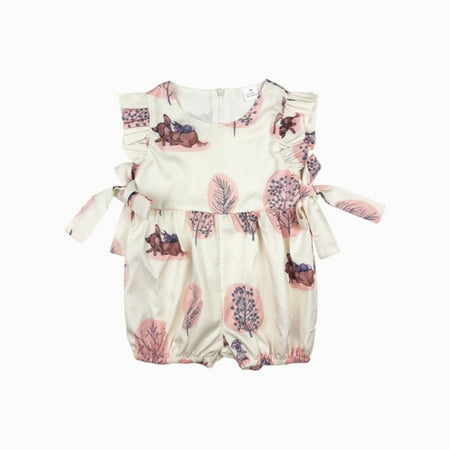 

Co.MMehjri Baby Summer Romper Deer Trees Patterns Ruffle Sleeve Waist Bows Outfit Back Zipper Up One-piece Jumpsuit