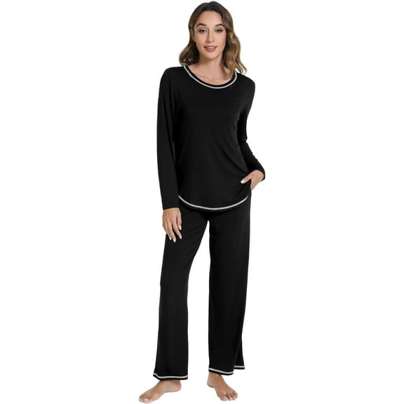 WiWi Women's Pajama Set Crew Neck Soft Long-Sleeve Top and Bottom Sleepwear with Pocket -Viscose from Bamboo S-XXL,Black,Large