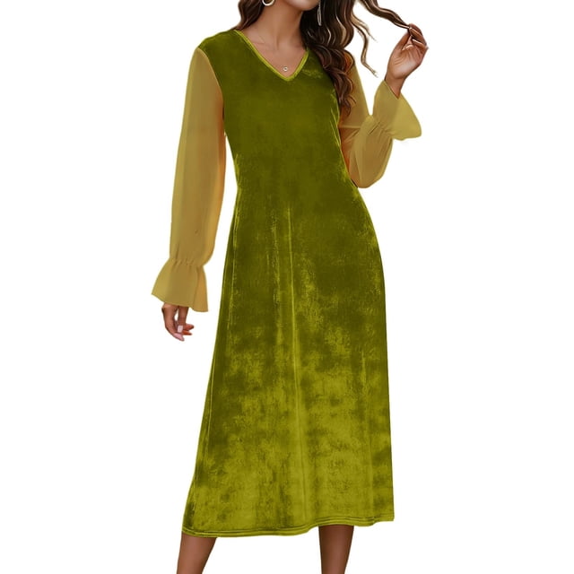 Robe Patchwork pour Femmes à Col en V en Velours et Chiffon Longueur Genou Sans Manches