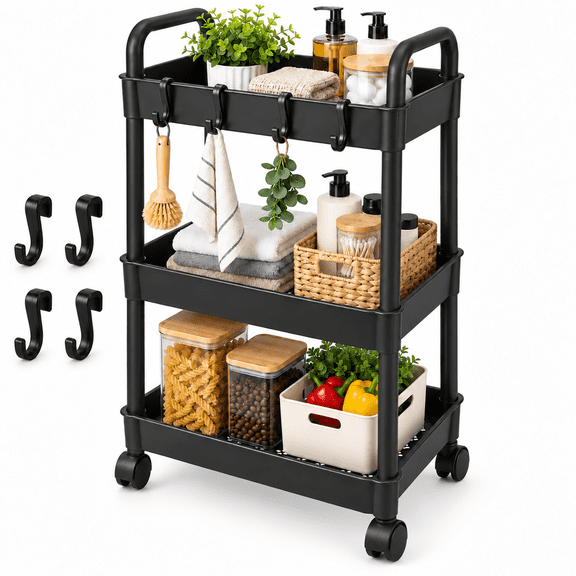SHOPKINGL 3-Tier Rolling Storage Cart, Plastic Organizer with Wheels and 4 Hooks