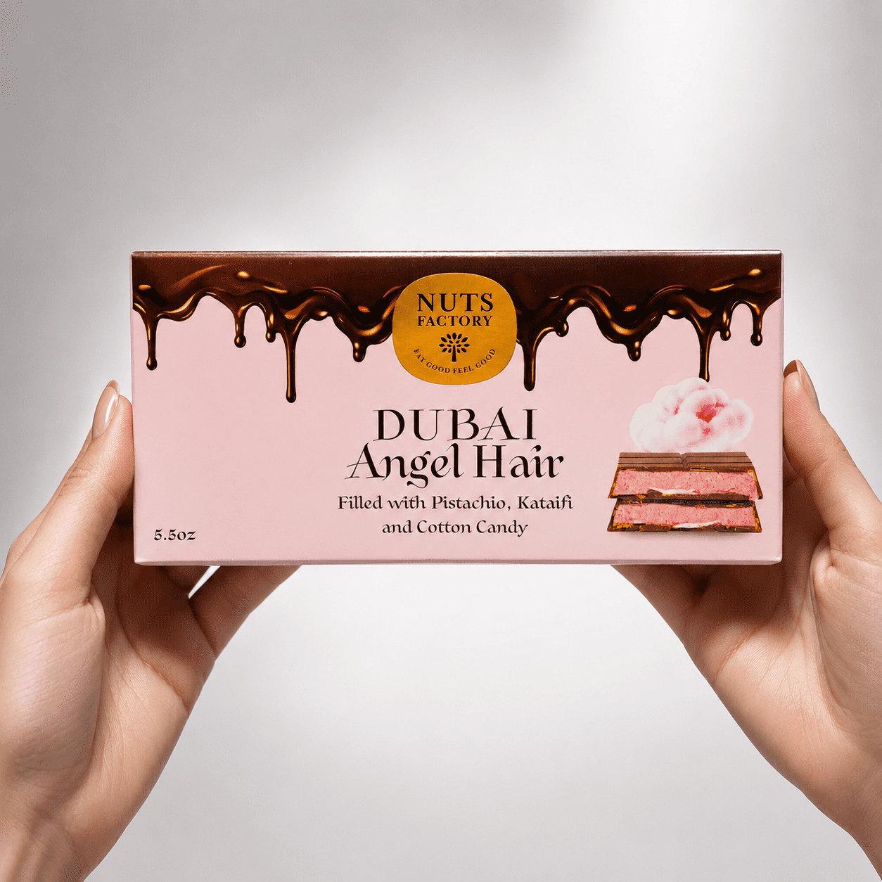 Nuts Factory Angel Hair Dubai Style Chocolate Bars with Pistachio Cream, Crispy Kataifi & Pink Cotton Candy, Pack of 2 Large Bars – #1 Ranked Dubai Chocolate Bars in the World by CNBC