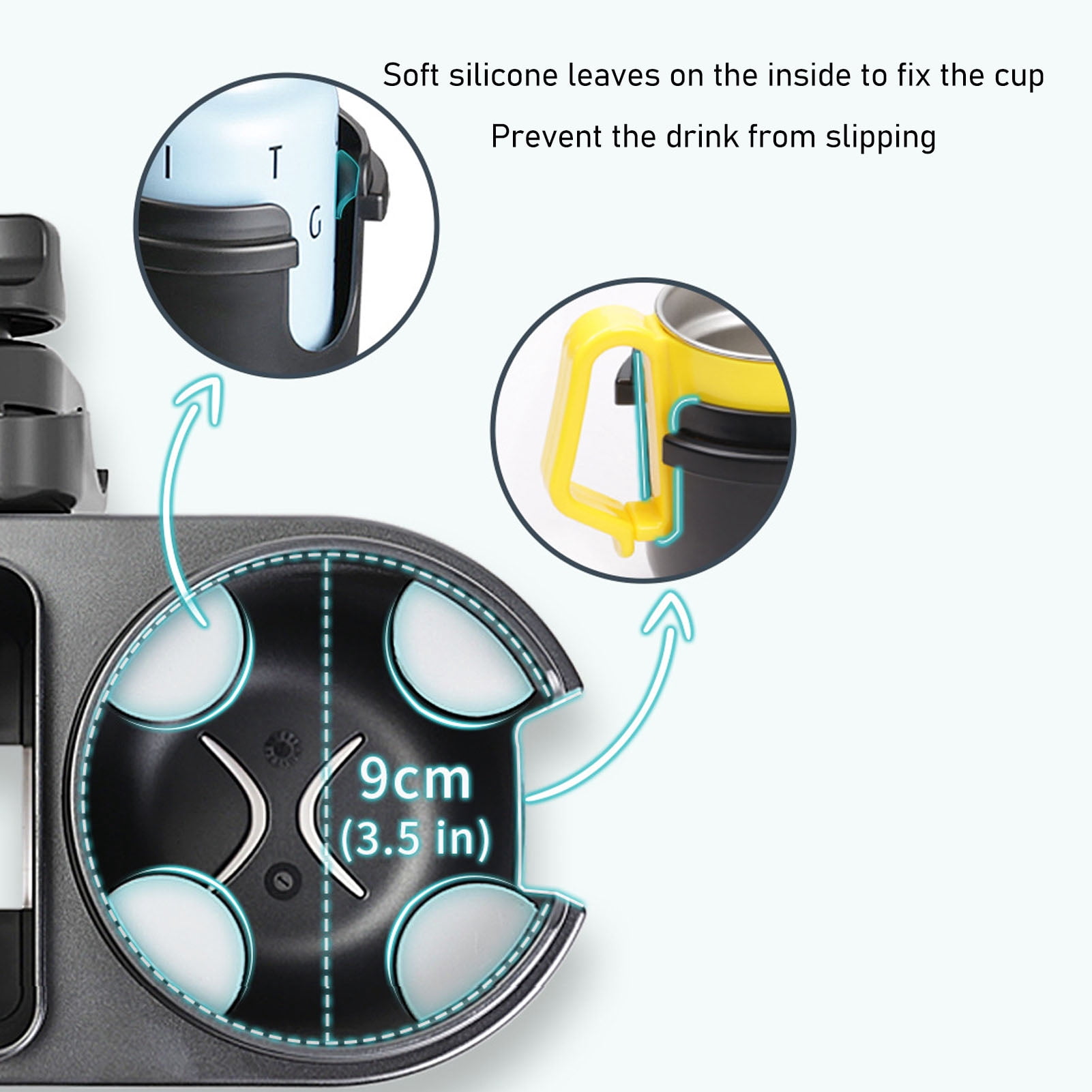 YAHHU 3 in 1 Baby Stroller Bottle Holder Prevent Slipping 360 Degrees Rotating Drink Cup Holder with Phone Holder Black Universal Fit 9.45 inches / 24 cm
