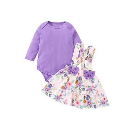 

Nokpsedcb Toddler Baby Girl Fall Clothes Long Sleeve Knit Romper Floral Print Ruffle Suspender Skirt 2Pcs Outfit Purple 12-18 Months