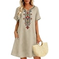 thumbnail image 2 of Bxsruta Women's Embroidered Cotton Casual Bohemian Smock Dress V Neck Short Sleeve Loose Flowy Midi Length with Pockets Pull on Lightweight Breathable Summer for Women, 2 of 7