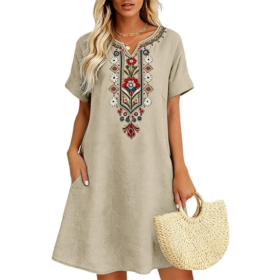Neewe Womens Plain V Neck Embroidered Dress Boho Casual Dresses 2026 Short Sleeve Cotton Linen Midi Dress
