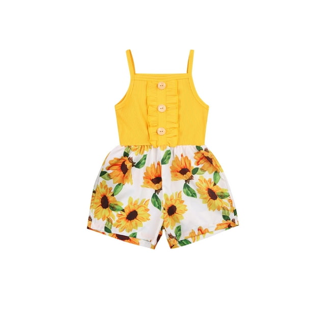 Xingqing Kids Girls Toddler Flower Jumpsuits Sleeveless Printed Buttoned Ruffles Short Pants Summer Clothes