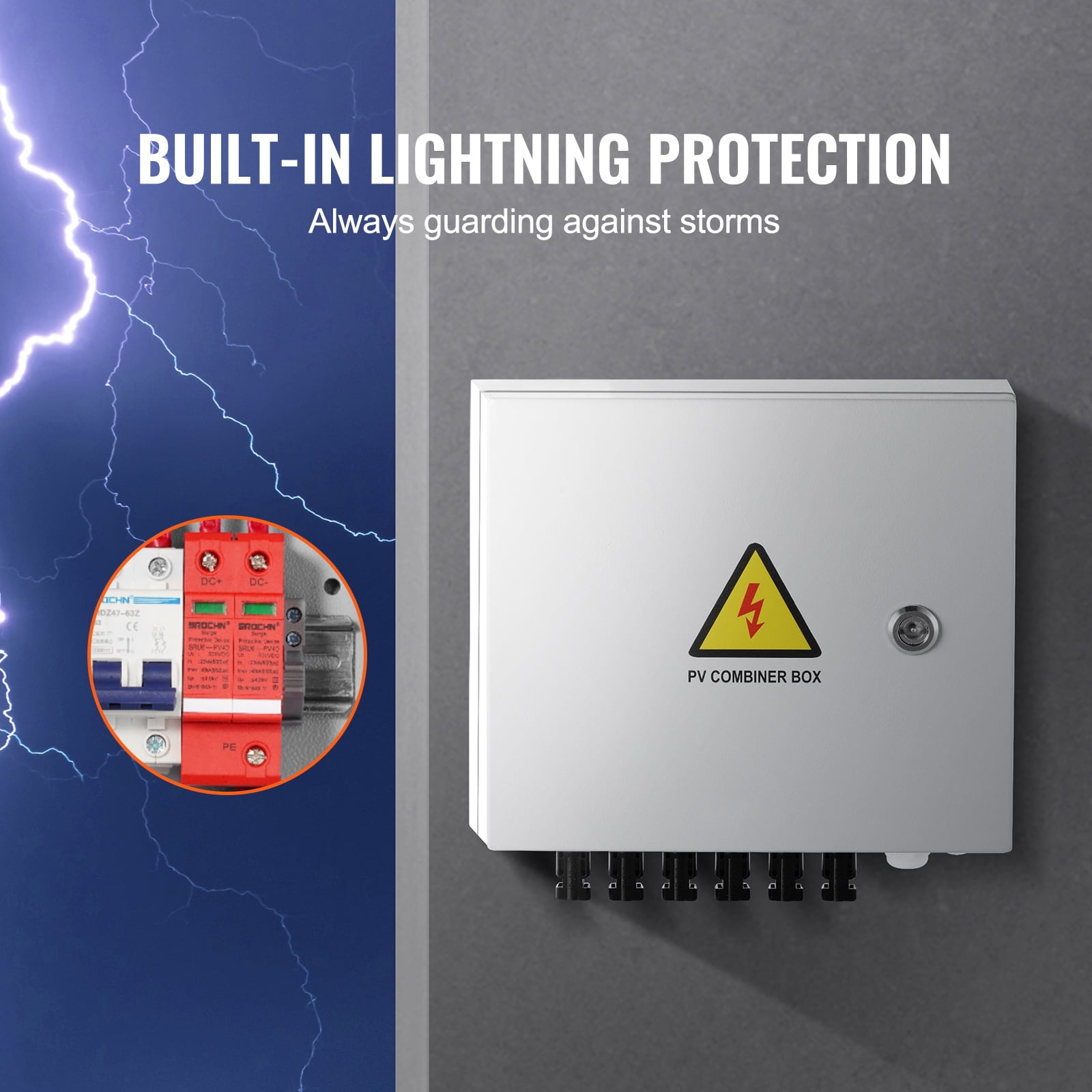 KFFKFF PV Junction Box, 6-String, Solar Junction Box with 15A Current Fuse, 125A Circuit Interrupter, Lightning Protection, and Solar Plug, Steel Enclosure