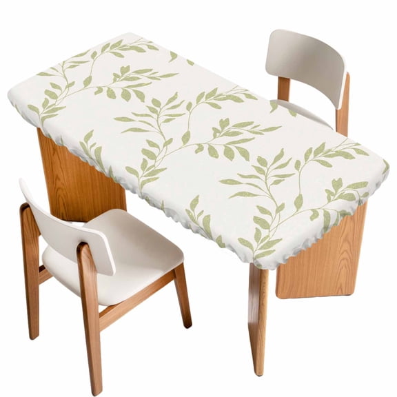 Green Leaves Table Cloths for 4 Foot Rectangle Tables, Retro Botanical Leaf Minimalist Art Patio Waterproof Elastic Fitted Tablecloths, Washable Rectangular Table Cover for Camping