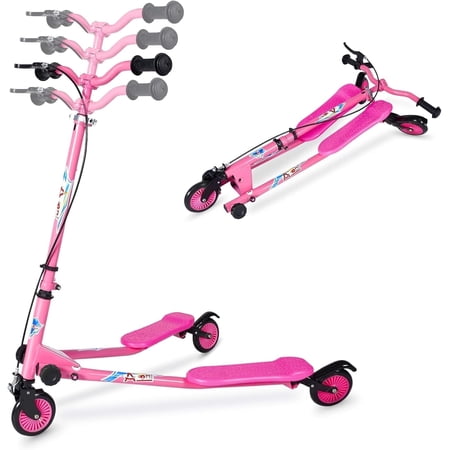 Wheelive Kids 3-Wheel Drift Scooter, Foldable Swing Kick Ride-On Toy with Adjustable Handlebar & Light-Up Wheels for Boys & Girls Ages 5–12, Pink