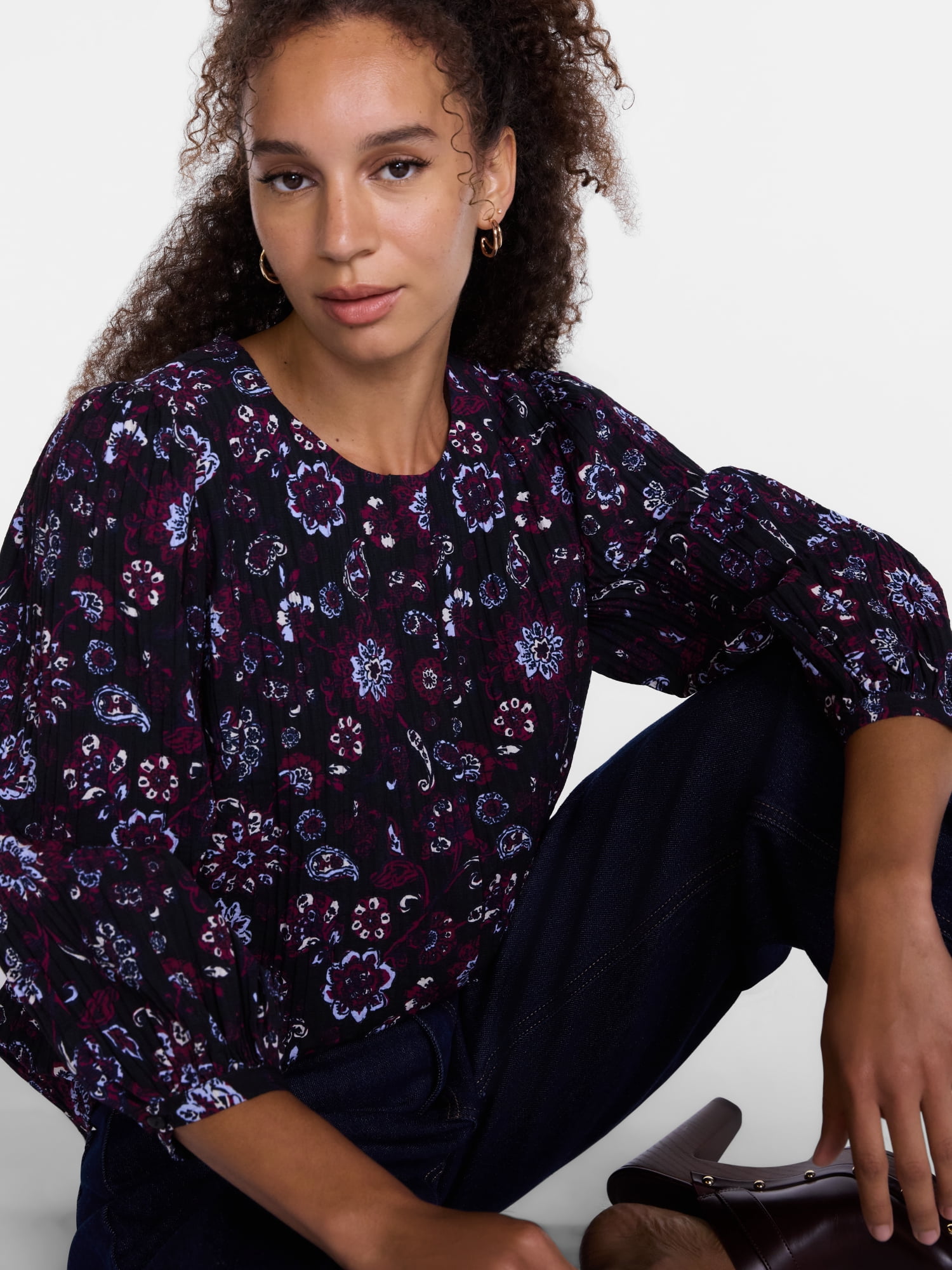 Scenario Women's and Women's Plus Blouse with 3/4-Length Puff Sleeves, Sizes XS-4X