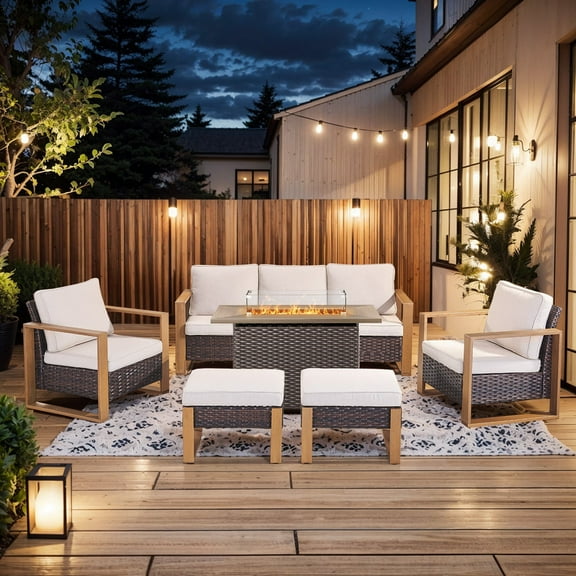 PARKWELL 6 Piece Outdoor Patio Furniture Set with Fire Pit Table,All-Weather Conversation Set with Wicker Lounge Chair,7-Seat Patio Fire Pit Seating Sets for Backyard Gatherings, Brown/Beige