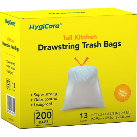 HygiCare 13 Gallon Tall Kitchen Drawstring Trash Bags, 200 Count, Lemon Scent, Super Strong, Leakproof