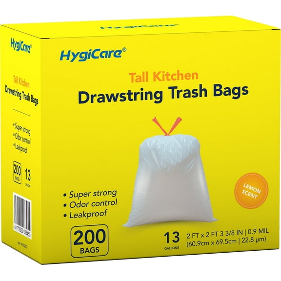 HygiCare 13 Gallon Tall Kitchen Drawstring Trash Bags, 200 Count, Lemon Scent, Super Strong, Leakproof