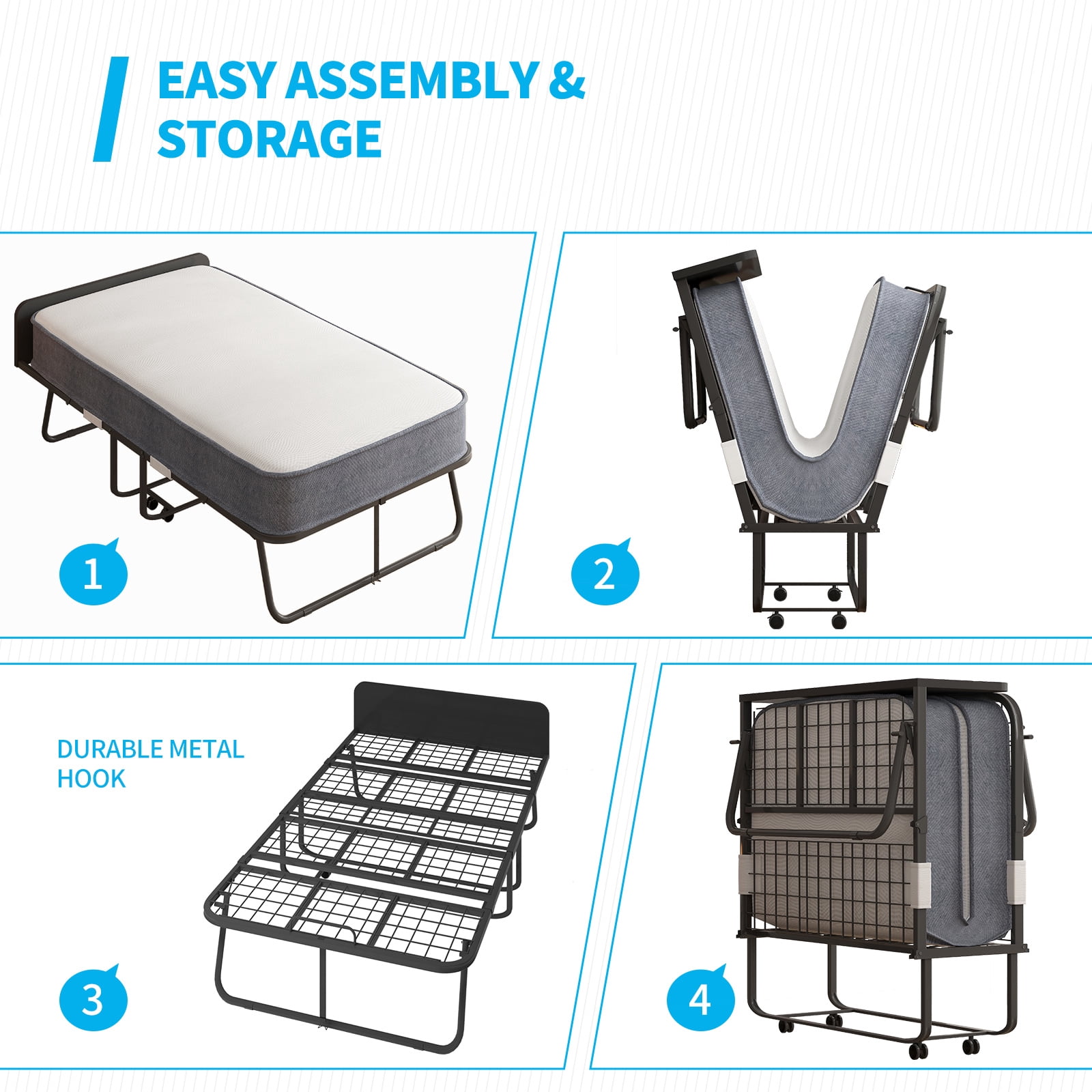 Mjkone Folding Bed with Mattress, Fold Up Bed for Small Space, Foldable Bed with Lockable Wheels