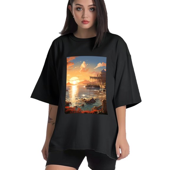 Plus Size Shirt for Women Black Tops for Women Short Sleeves Shirt for Women Seaside (10) T Shirt Crewneck Shirt for Women XS