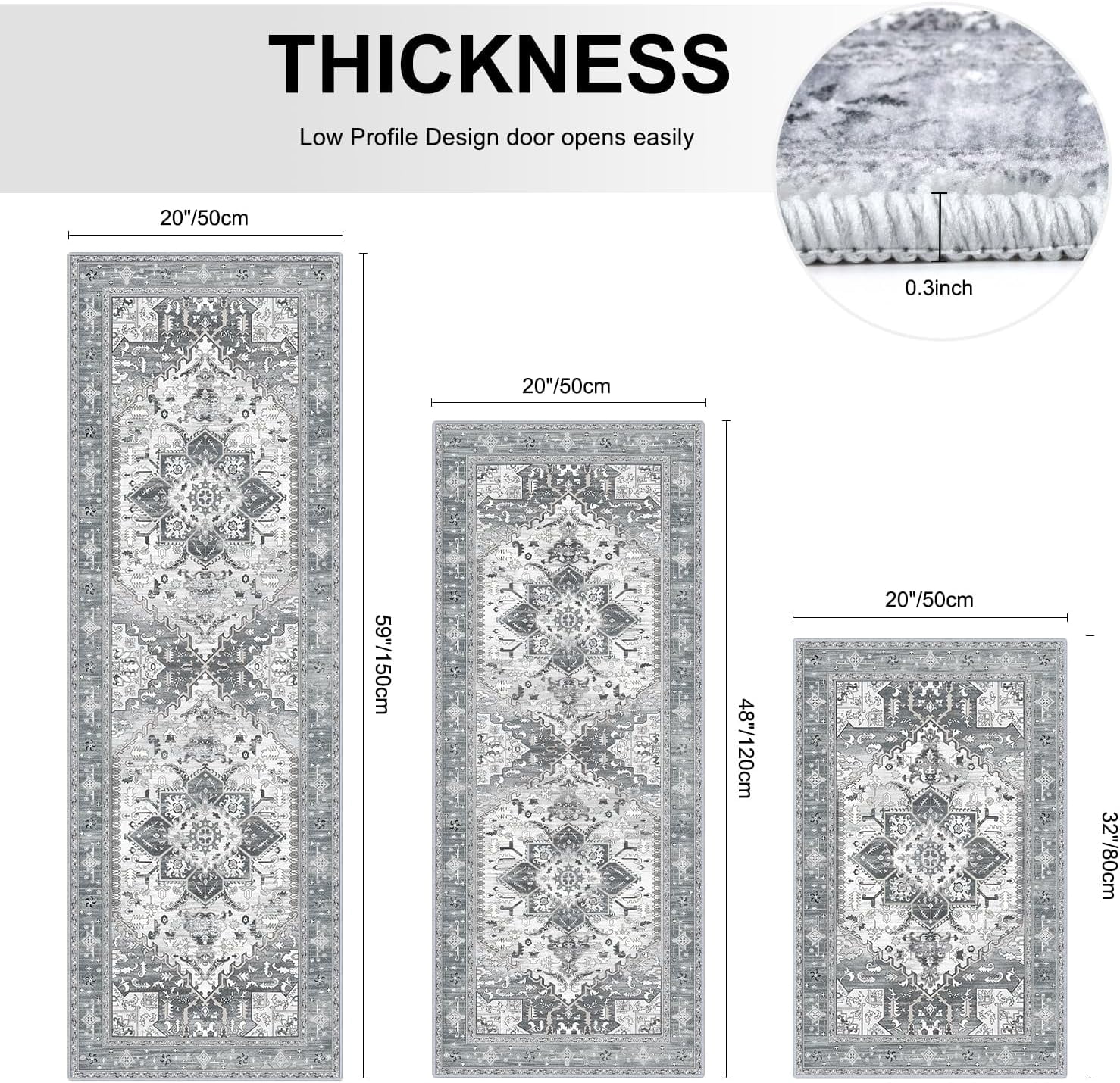 Boho Washable Kitchen Rugs Sets of 3, Non Slip Kitchen Mats for Floor with Rubber Backing, Waterproof & Stain Resistant Thick Carpet Runner Throw Rugs for Kitchen, Laundry Room, Hallway, Grey