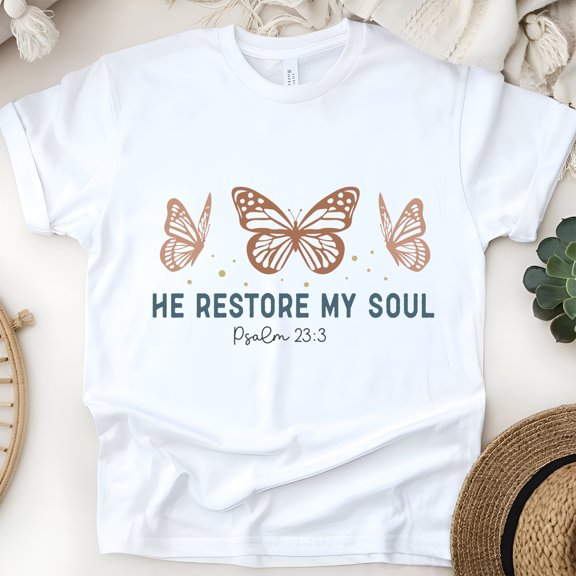He Restore My Soul Psalm 23:3 Christian Butterfly T-Shirt Unisex, White, Size S