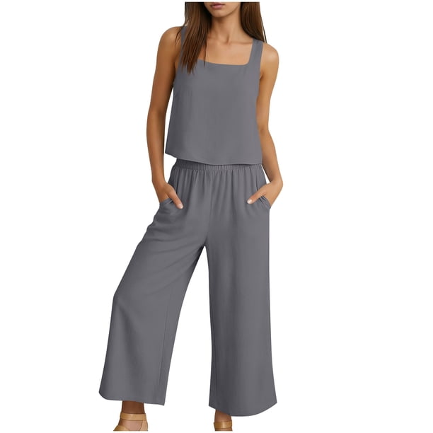 Mujer Pantalones Casual Dos Piezas Conjunto Cuello Redondo Blusa sin Mangas con Pantalones de Bolsillo de Ajuste Suelto, Vestuario de Verano
