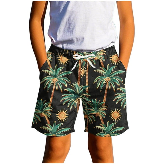 Delliss Boy's Tropical Print Shorts Drawstring Waist Vacation Swim Trunk Summer Beach Shorts Swimwear Bathing Suit