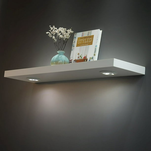 Welland 36 Inches Led Light Floating Shelf With Touch Sensing Battery Powered Wall Mounted Display Shelves White Com - Long Floating Wall Shelf White