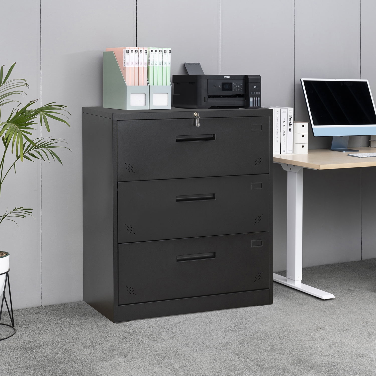 Kadyn Lateral File Storage Cabinet, 3 Drawer Filing Cabinet with Lock, Steel Office Wide File Cabinet for Home Office, Black Kadyn Lateral File Storage Cabinet, 3 Drawer Filing Cabinet with Lock, Steel Office Wide File Cabinet for Home Office, Black
