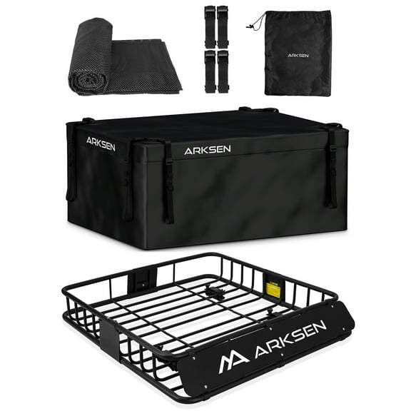 ARKSEN 43 x 39 x 6 inch Heavy Duty Roof Rack Cargo Carrier w/ 500D PVC Waterproof Cargo Bag, Universal Steel Roof Basket with Extension, 150 LBS Capacity Car Top Luggage Holder for SUV, Truck, Pickup