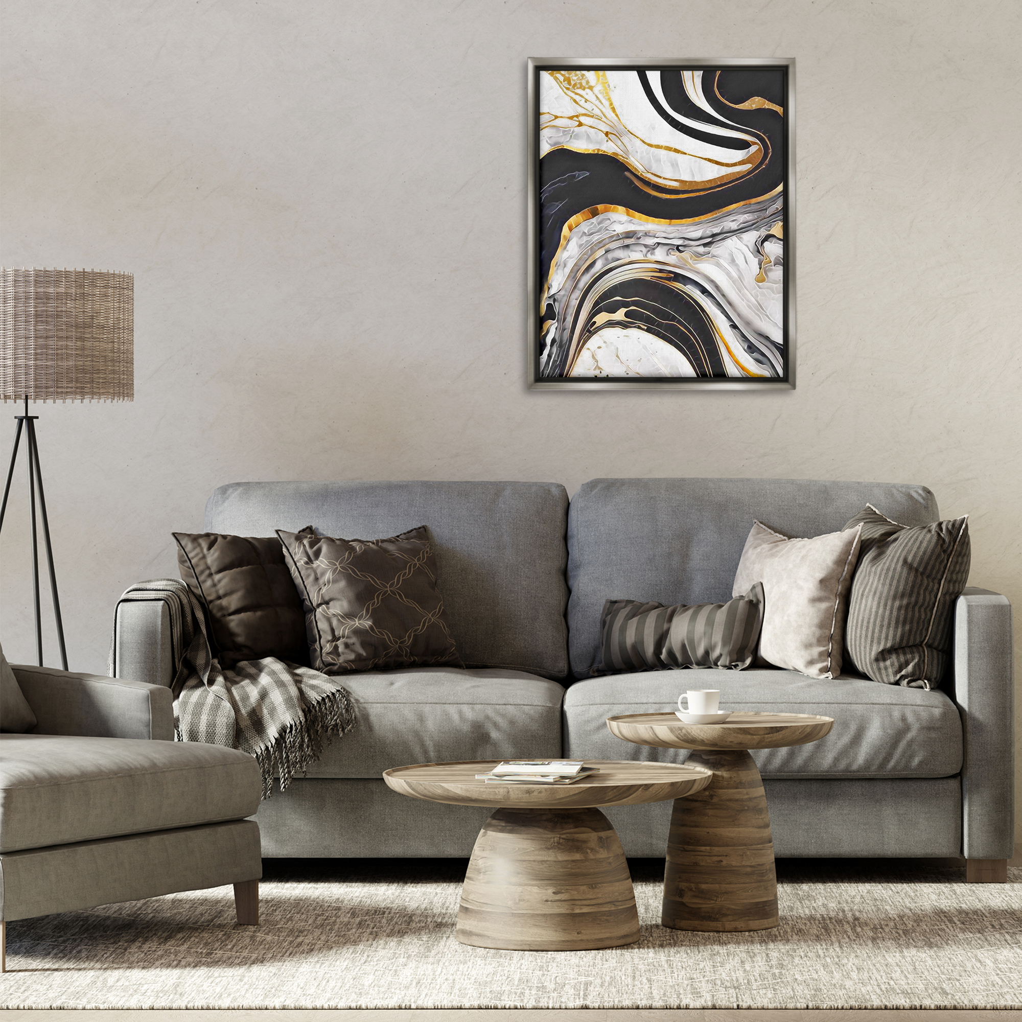 Stupell Industries Marbled Fluid Gold Accent Abstract Painting Gray Floater Framed Canvas Art Print Wall Art, 25 x 31