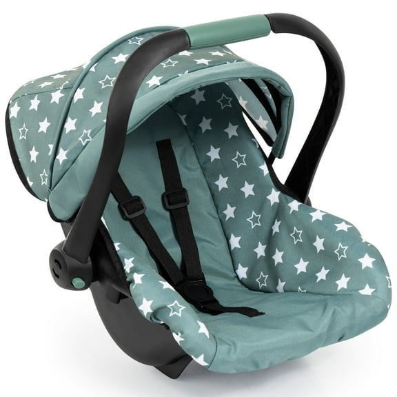Bayer Design: Doll Deluxe Car Seat - Green-White-Star - Portable Travel Carrier For Dolls Up To 18", Sunshade & Carry Handle, Use As Rocker, Kid 3 