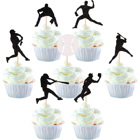 Baseball Glitter Cupcake Toppers, Black Player Silhouette Picks, Sports Theme Birthday Party Decorations, 14 Pack