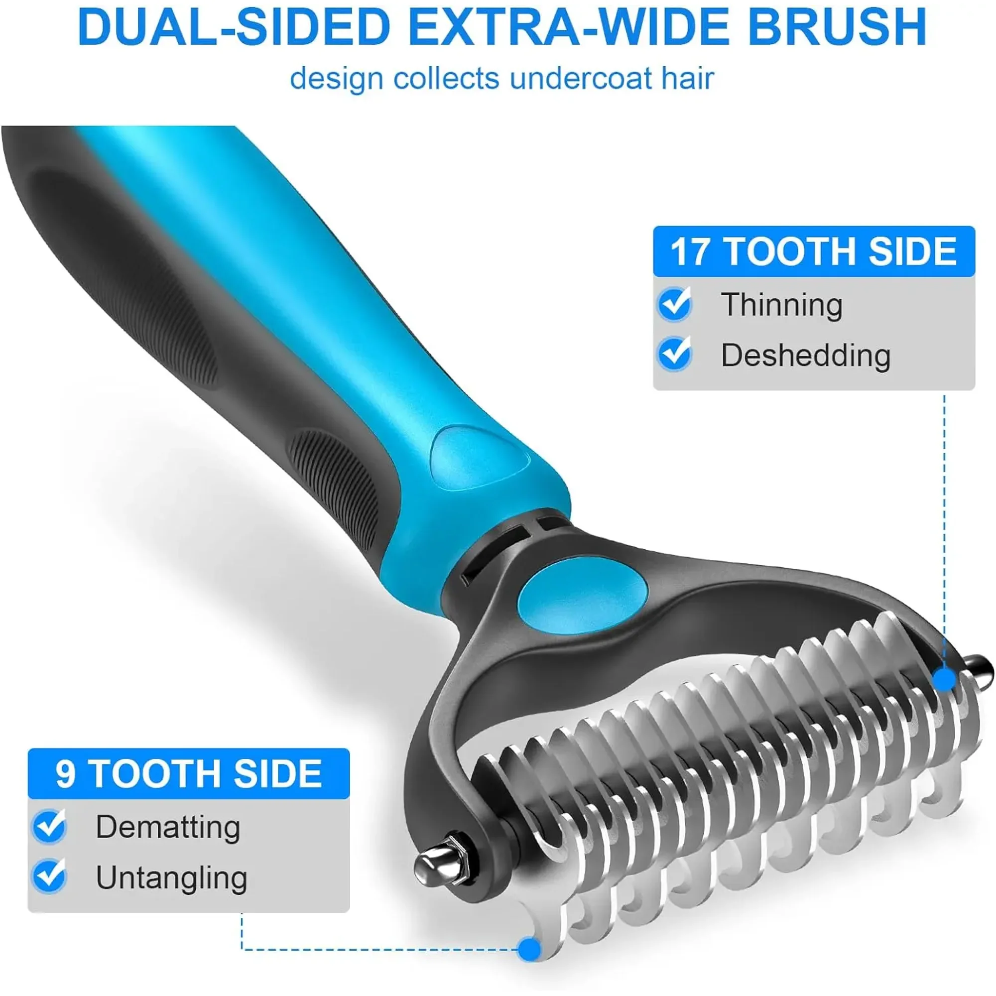 Pet Deshedding Brush with Double Sided Design, Undercoat Rake Comb for Dogs and Cats, Removes Loose Hair, Mats, Knots and Tangles Easily