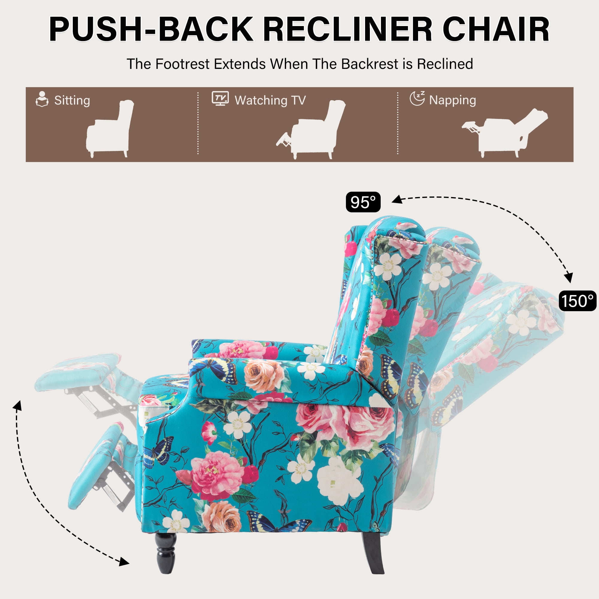 UIXE Floral Pushback Recliner Chairs Set of 2, Fabric Upholstered Armchair Push Back Accent Chair for Living Room, Rivet Trim Club Chair Home Theater Single Sofa Reading Seat, Peacock Blue