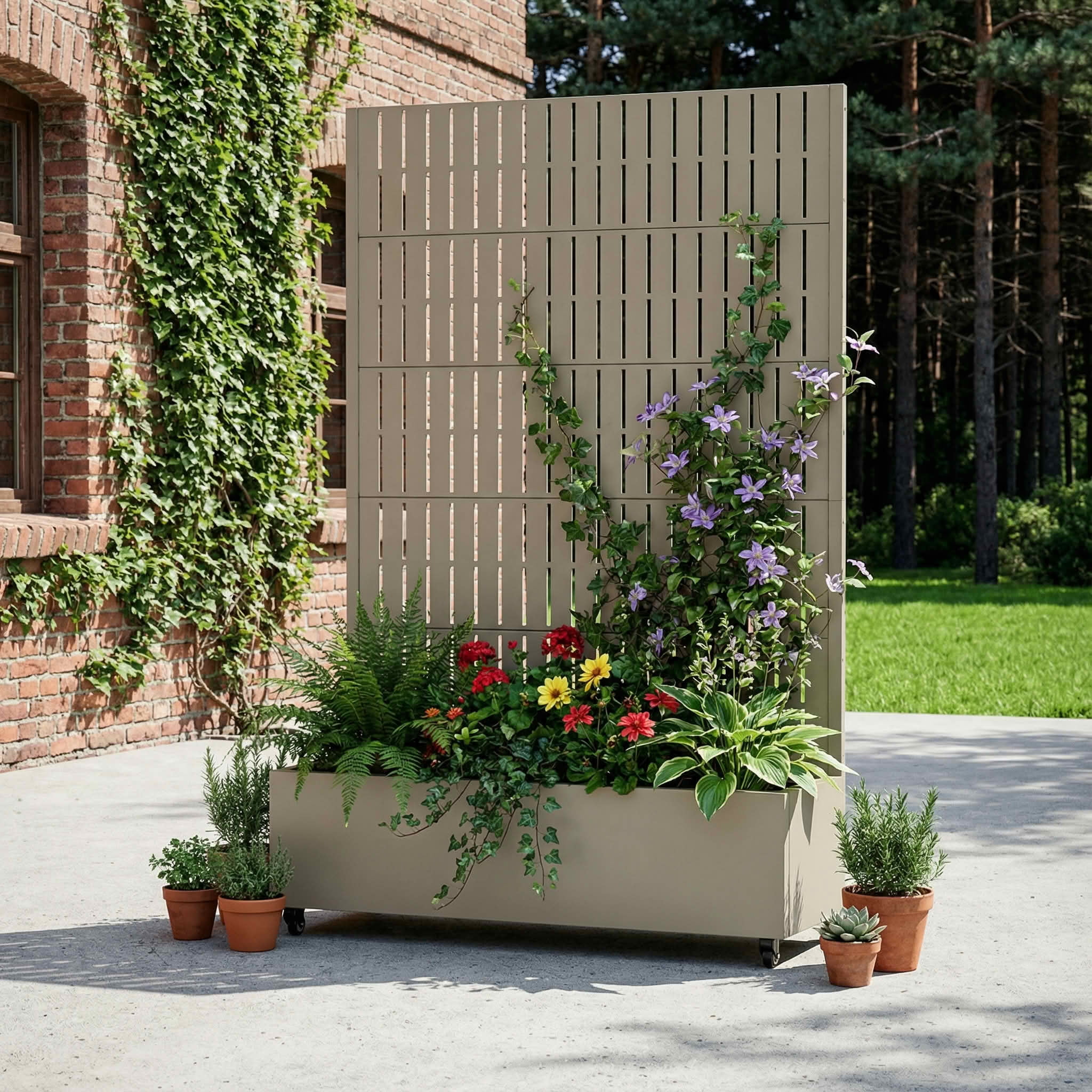 MAYEERTY 72X47" Metal Outdoor Olive Gray Privacy Screen with Planter Box for Backyard & Garden, 5 Piece Set