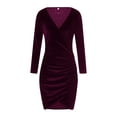 thumbnail image 3 of Franhais Women Fall Dress, Solid Color V-Neck Long Sleeves Cocktail Dress with Cropped Hem for Ladies, 5 Colors, 3 of 8
