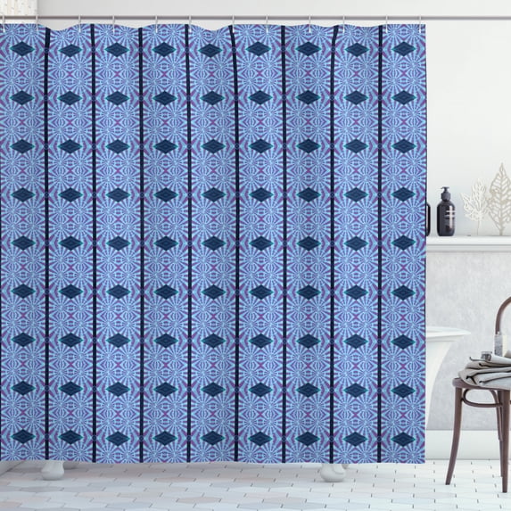 Psychedelic Shower Curtain, Kaleidoscopic Pattern with Vertical Stripes and Rhombuses, Fabric Bathroom Set with Hooks, 69W X 75L Inches Long, Dark Teal Purple Grey Pale Blue, by Ambesonne