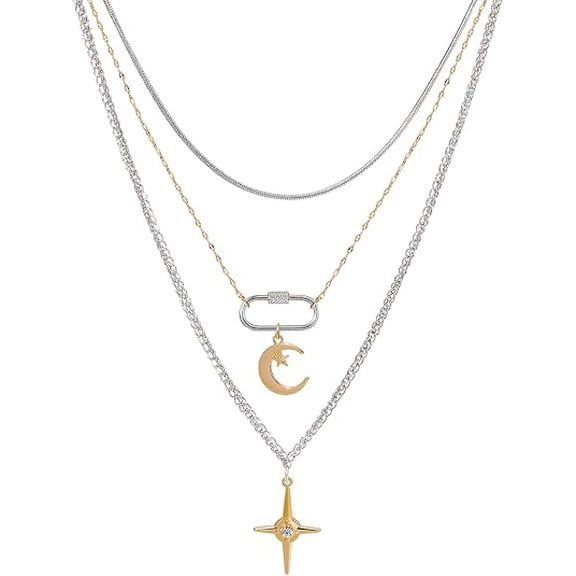 Coiris 3ps Mixed Metal Necklace for Women Gold and Silver Two Tone Layered Paperclip Necklaces Sun Moon Star Pendant Chunky Stacked Chain Trendy Statement Jewelry Gift