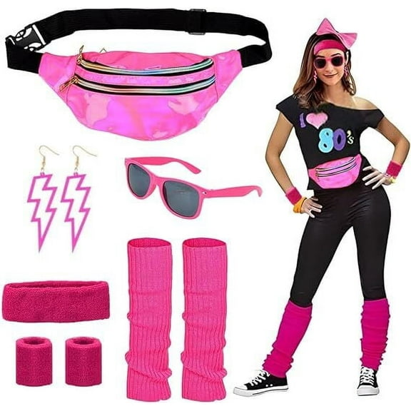 80s accessories outfit women, 80s clothing women's set with bum bag, headband, leg warmers, bracelets, glasses and earrings for carnival neon 80s party outfit women