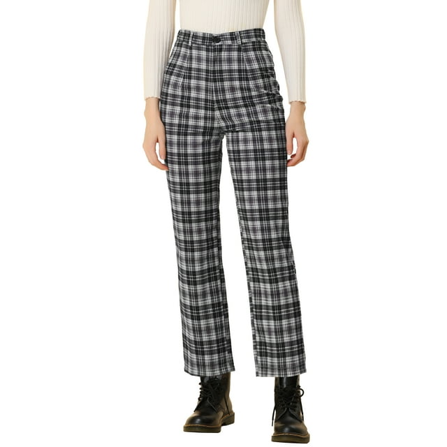 Pantalones de trabajo de cuadros recortados para mujer INSPIRE CHIC, con botones, estilo casual, tartán, 3XL, negro