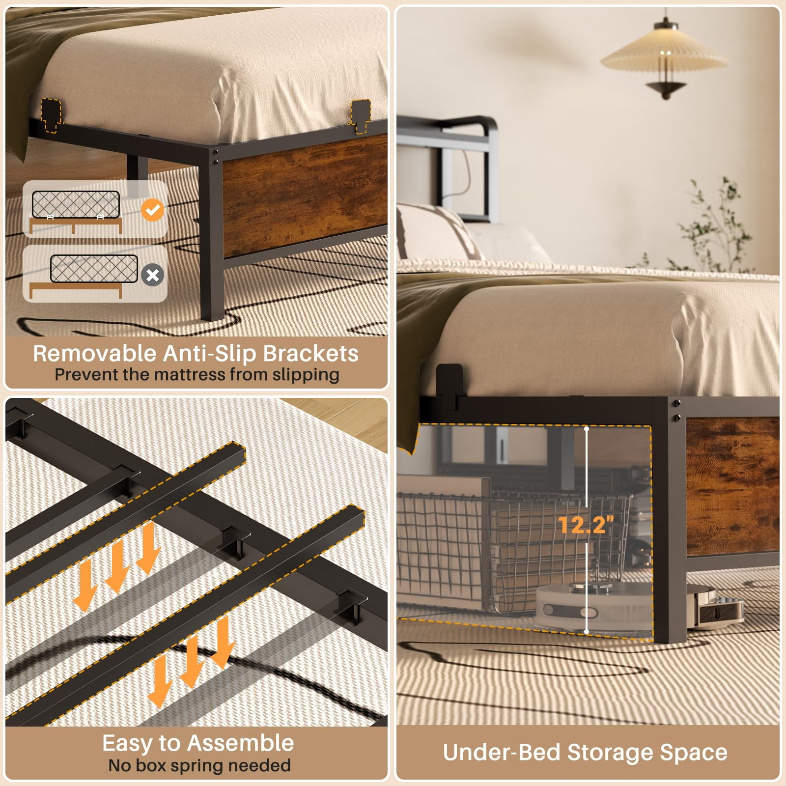 Homieasy Queen Size Bed Frame with Charging Station and LED Lights, Adjustable Upholstered Faux Leather Headboard, Industrial Platform Bed, Steel Slat Support, No Box Spring Needed, Rustic Brown