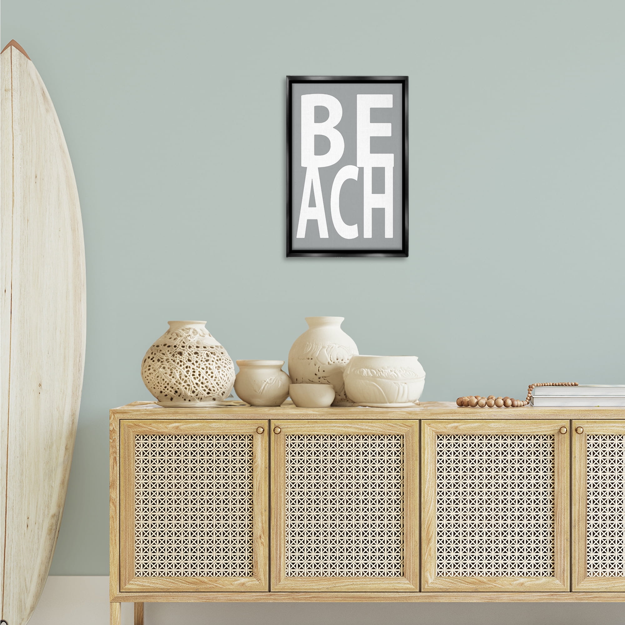 Stupell Industries Beach Word on Grey Typography Painting Black Floater Framed Art Print Wall Art, 17 x 25