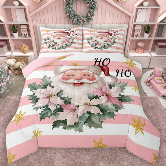 Manfei Funny Santa Claus Bedding Comforter Set for Kid, Kawaii Christmas Floral Twin Comforter Sets, Pink Stripes Abstract Reversible Bedding Set, Luxury Bedroom Decor, 2pcs