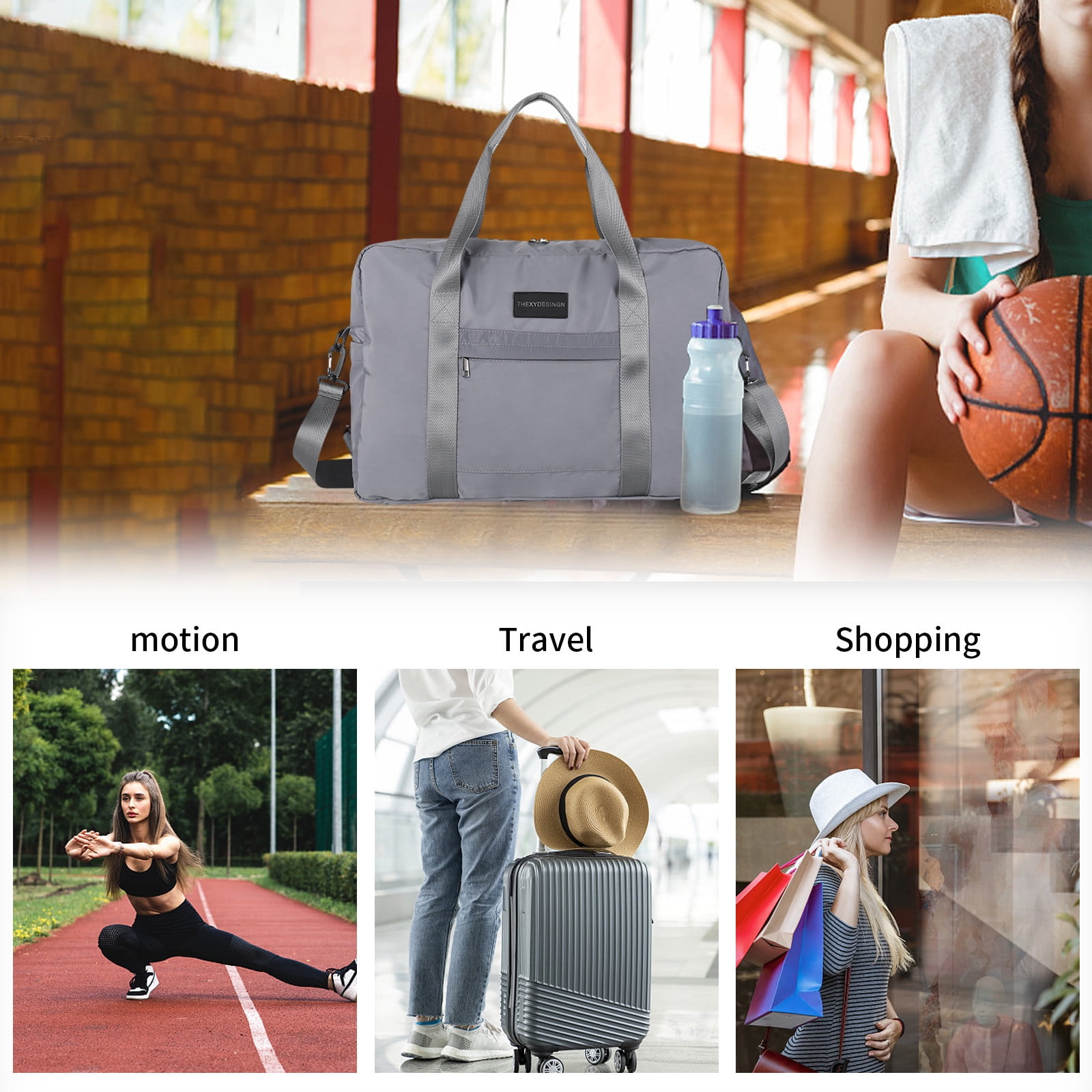 LACKUST Large Travel Tote, Expandable Gym Tote, Carry On Overnight, Trolley Sleeve, Wet Pocket, Travel Duffel Bags,Gray