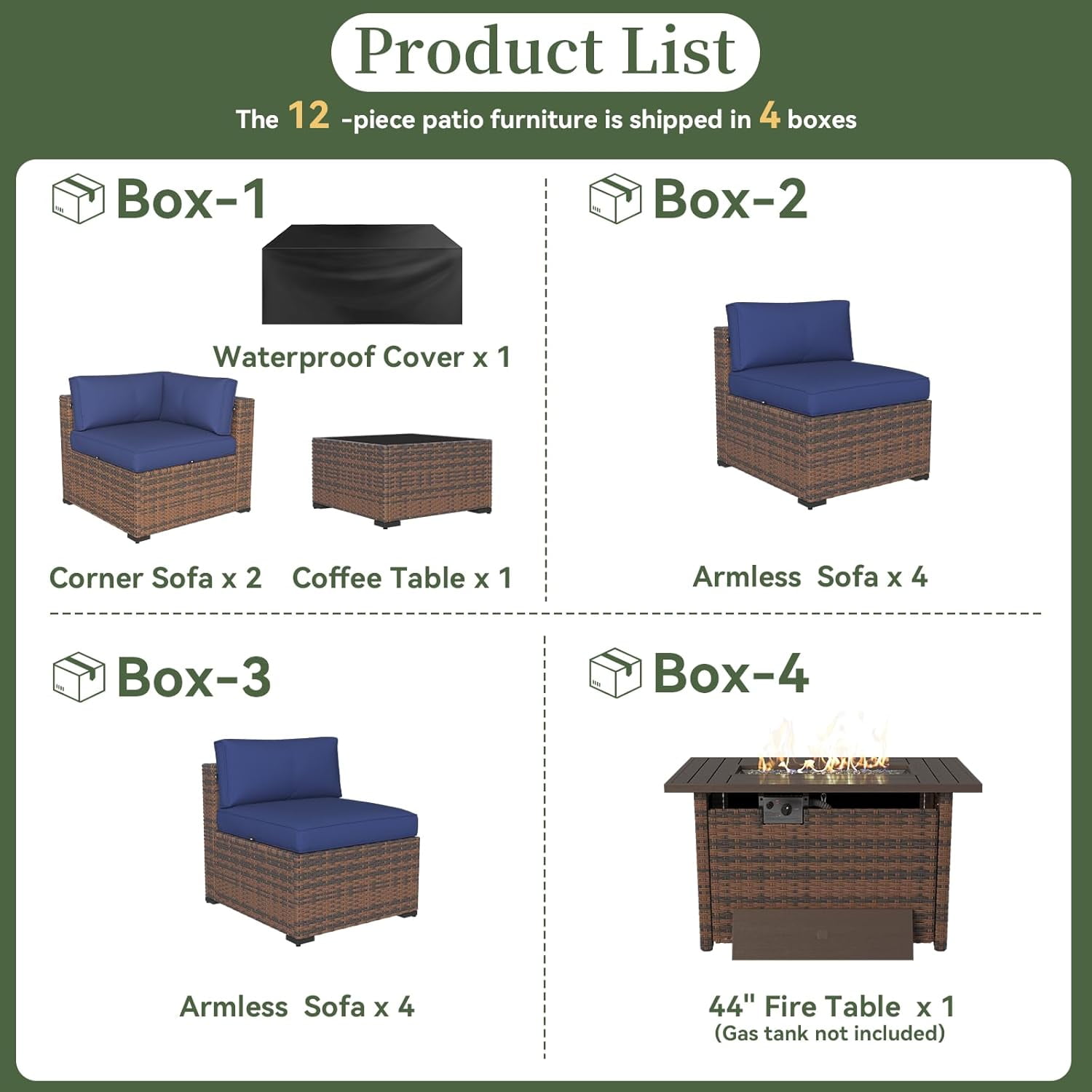 Aoxun 12 Piece Patio Furniture Set with 44” Fire Pit Table Wicker Rattan Outdoor Sectional Sofa Set with Coffee Table and 4” Thickened Cushions, Blue (Waterproof Cover Included)