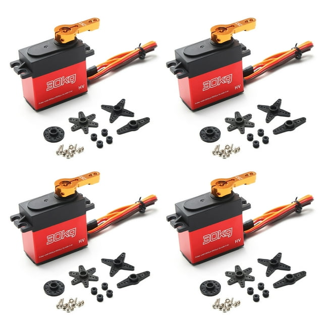 Lot de 4 Servo Numérique Haute Couple 30KG avec Boîtier en Alliage d'Aluminium Rouge & PBT, Rotation 270°, 5 Engrenages en Acier Inoxydable, 2 Roulements BB, Bras Servo Orange 25T, Tension 4.8-7.2V, Vitesse 0.17-0.24sec/60°
