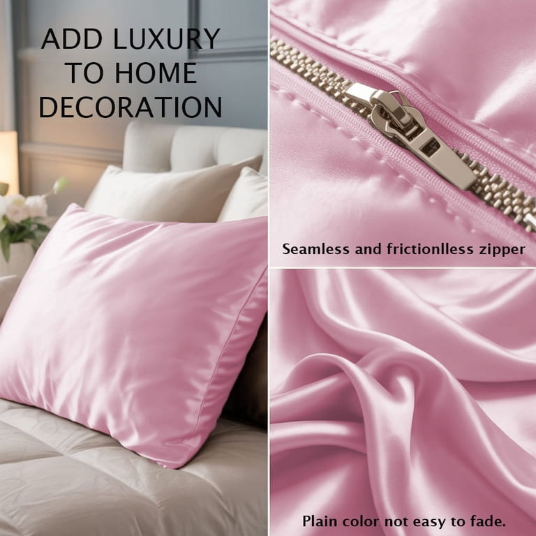 Amay Satin Silk Pillow Case Euro Sham 26x26 Pink Solid Silky Smooth Decorative Pillow Cover – Zipper Closure – Soft Cooling Satin – Anti-Frizz & Skin-Friendly