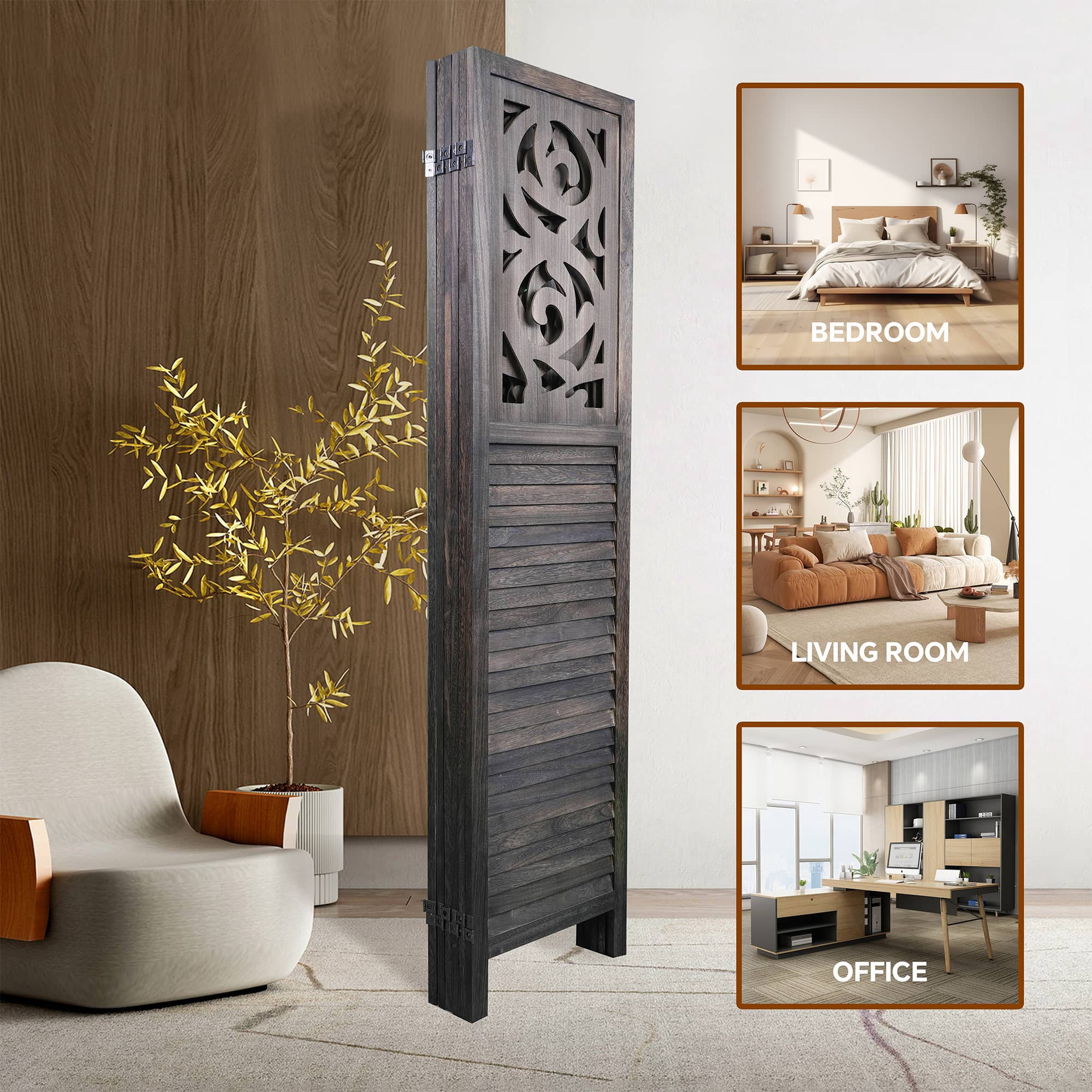MAYEERTY 6 Panel Freestanding Room Dividers, 6FT Carved Wood Folding Privacy Screens, Rustic Brown