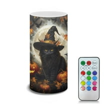 COEQINE Flameless LED Candle Auto-Moving Wick Effect Votive Tealights Realistic Pillar Candle with Remote 4H 8H Timer Color Changing for Home Halloween Decoration, Black Cat Witch Hat Pumpkin