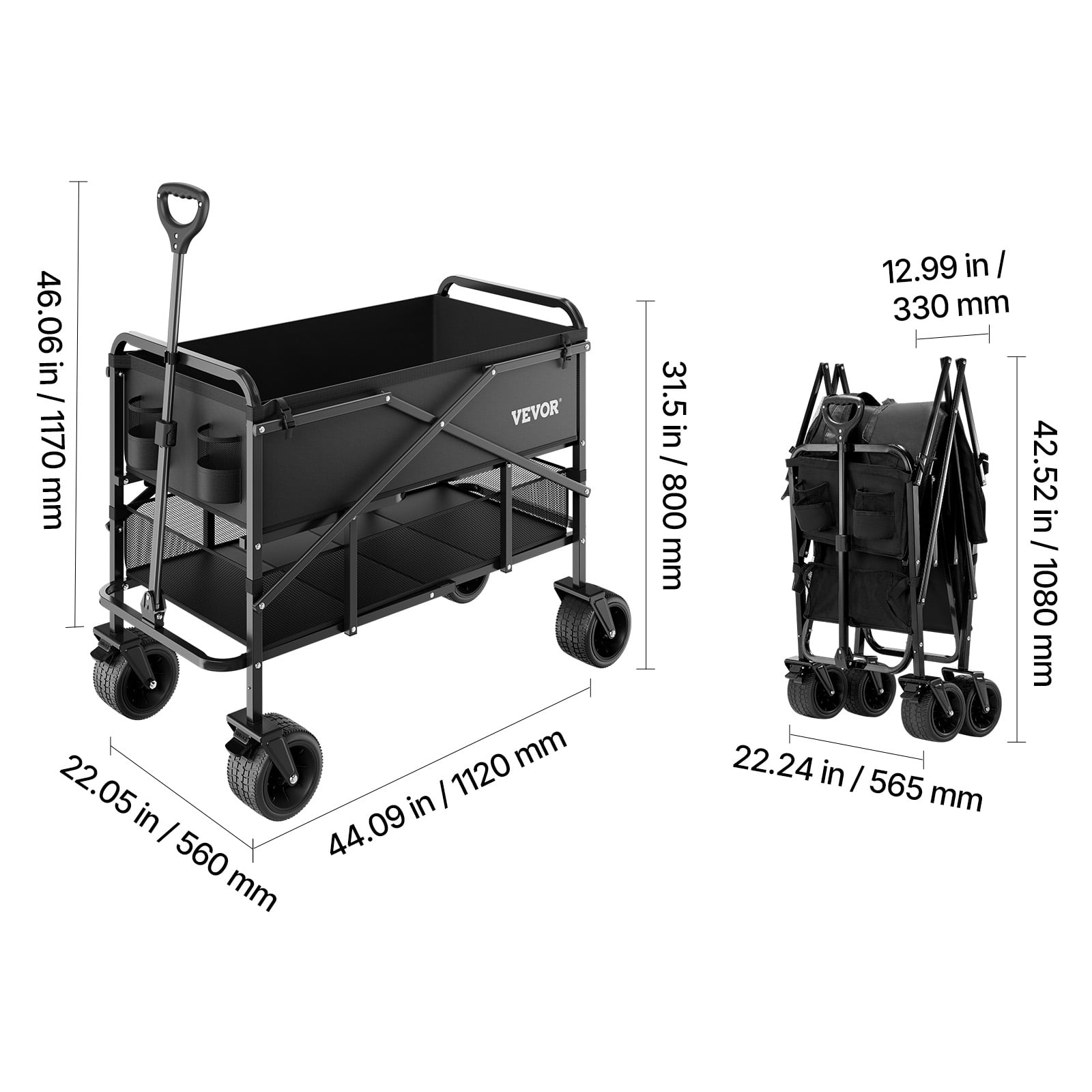 VEVOR Double Decker Wagon Collapsible, 400L Heavy Duty Folding Wagon Cart, Extended Long Garden Cart with All-Terrain Wheels, Support Up to 450lbs, Outdoor Utility Wagon for Camping, Sports