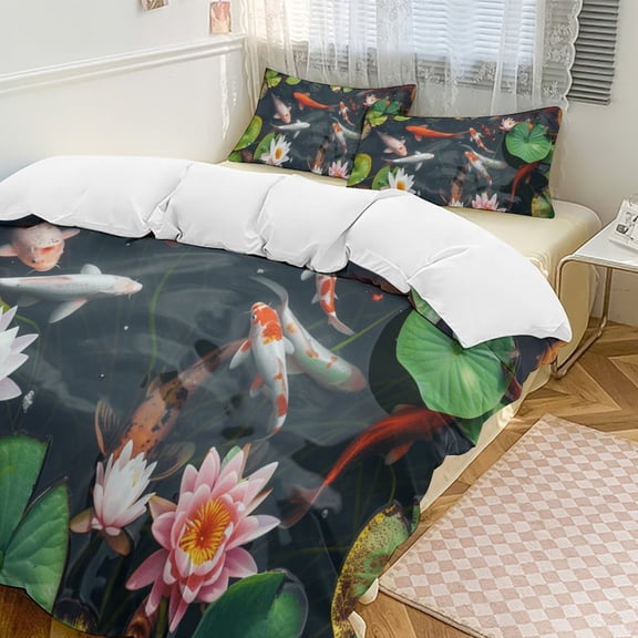 Lucky Koi Fish Lotus Leaf 3D Duvet Cover Set Quilt Cover Theme of Kid Boy Girl for Bedroom Decoration