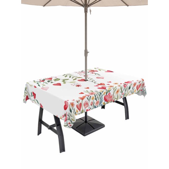 Outdoor Tablecloth with Umbrella Hole and Zipper, Valentine's Day Rectangle Table Cloth 60x120 Inch Waterproof Tablecloth, Watercolor Love Floral Leaves Spring Picnic Table Cover for Patio Camping